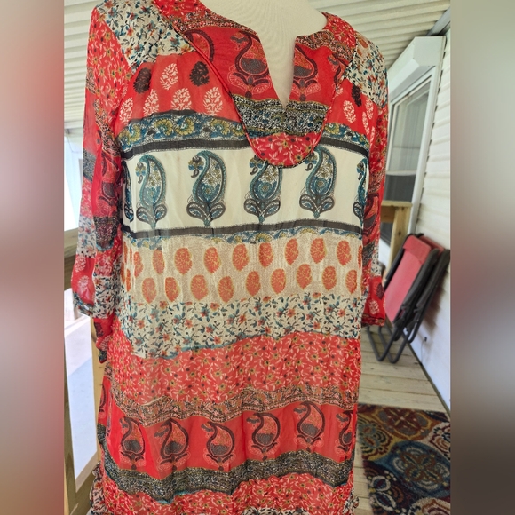 Joy Joy :Bohemian Red and Blue Women's Top - Picture 2 of 8